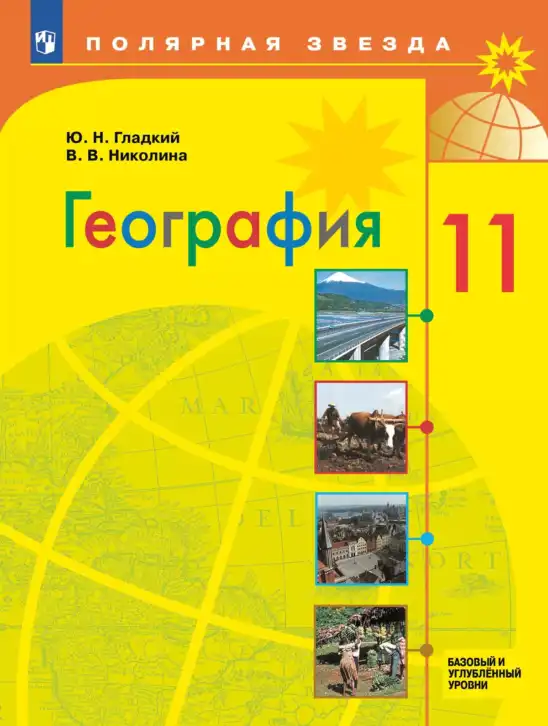 География, 11 класс Учебник, авторы: Гладкий Юрий Никифорович, Николина Вера Викторовна, издательство Просвещение, Москва, 2019, жёлтого цвета